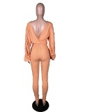 Orange Backless Boat Neck Ruffles Sleeve Top with Belt And Pant 2PCS Sets