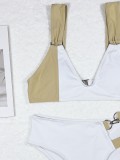 White and Khaki Bandage Metal-Ring Bikini Two Piece Set