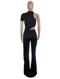 Black O-Neck Single Short Sleeve Irregular Long Top And Pant 2PCS Sets