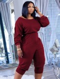 Wine Long Sleeves Stacked Blouson Jumpsuit with Pockets