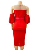White Mesh Patched Red O-Neck Puffed Sleeve Midi Dress with Belt