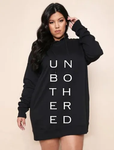 Plus Size Letter Print Black Long Sleeve Hoody Mini Sweatshirt Dress