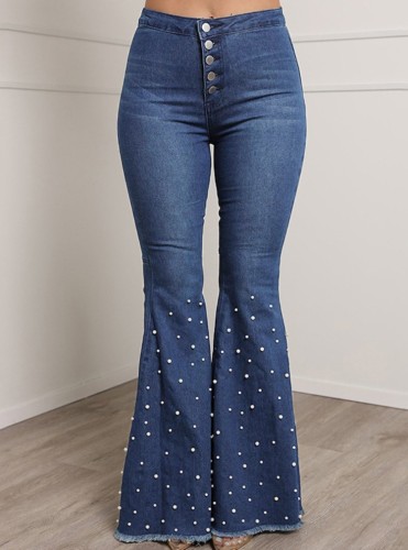 Pearl Lt-Blue High Wasit Button Up Bell Bottom Jeans