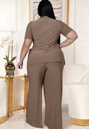 Plus Size Khaki High Neck Short Sleeve Long Top And Wide Pant 2PCS Set