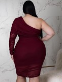 Plus Size Red Mesh See Through One Shoulder Single Sleeve Midi Dress