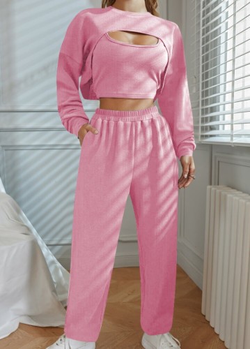 Pink Tank And Long Sleeve Cape Top And High Waist Pant 3PCS Set