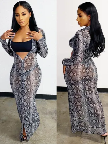 Snake Print Zipper Up Long Sleeve See Through Slit Maxi Dress