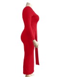 Plus Size Red One Shoulder Single Sleeve Slit Maxi Dress