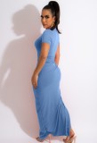 Blue O-Neck Short Sleeves Ruched Slit Maxi Dress