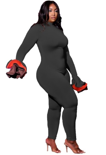 Black Flare Long Sleeves Midi Neck Jumpsuit