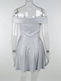Shiny White Off Shoulder Short Sleeve Mini Skater Dress