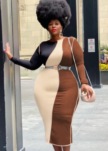 Plus Size Contrast Color O-Neck Long Sleeves Slim Fit Midi Dress