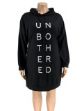 Plus Size Letter Print Black Long Sleeve Hoody Mini Sweatshirt Dress