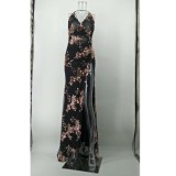 Sequins Floral Black Cami Slit Maxi Dress