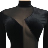 Black Velvet Mesh See Through High Neck Bandage Irregual Mini Dress