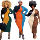 Plus Size Contrast Color O-Neck Long Sleeves Slim Fit Midi Dress