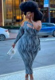 Plus Size Print One Shoulder Single Sleeve Cut Out Long Dress