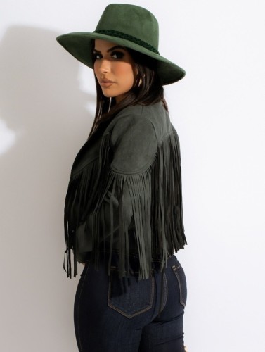 Dk-Green Turndown Collar Long Sleeve Fringe Trendy Jacket