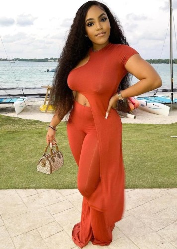 Orange O-Neck Single Short Sleeve Irregular Long Top And Pant 2PCS Sets