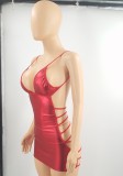 Red Pu Coating Sleeveless Backless Lace Up Cami Mini Dress and G-String 2PCS Set