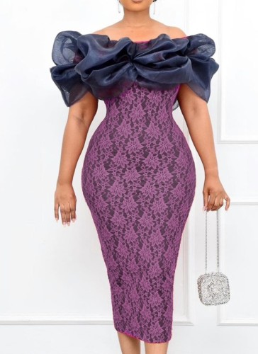 Purple Flower Lace Off Shoulder Short Sleeve Bodycon Midi Dress
