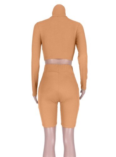 Khaki High Neck Long Sleeves Top and High Waist Shorts 2PCS Set
