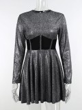 Shiny Black O-Neck Long Sleeve Tight Waist Mini Shirring Dress