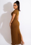 Brown O-Neck Short Sleeves Ruched Slit Maxi Dress