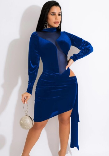 Blue Velvet Mesh See Through High Neck Bandage Irregual Mini Dress