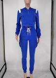 Blue Zipper Long Sleeve Hoody Top and Sweatpants with Pocket 2PCS Set