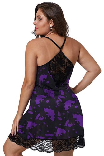 Plus Size Purple Print Black Lace Cami Mini Nightdress
