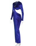 Blue Velvet Deep-V Cut Out Long Sleeve Slit Maxi Dress