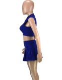 Blue Zip Up Midi Neck Sleeveless Crop Top and A-Line Skirt 2PCS Set