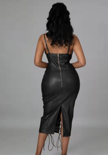 Black Faux PU Leather Lace Up Cami Slit Tight Midi Dress