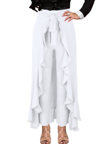 White High Waist Irregular Ruffles Long Skirt with Belt