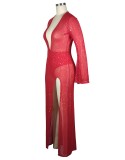 Red Sparkly Deep-V See Through Slit Flare Sleeves Maxi Dress