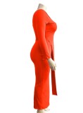 Plus Size Orange One Shoulder Single Sleeve Slit Maxi Dress