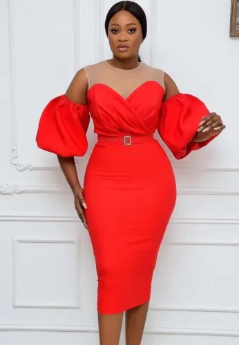 White Mesh Patched Red O-Neck Puffed Sleeve Midi Dress with Belt