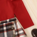 Red Square Neck Long Sleeve Shirt and Plaid Mini Skirt 2PCS Set For Girl Kids