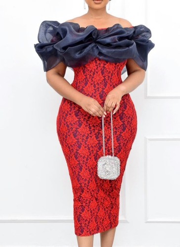 Red Flower Lace Off Shoulder Short Sleeve Bodycon Midi Dress