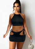 Black Cami Halter Crop Top and Cut Out Mini Skirt 2PCS Set