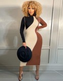 Plus Size Contrast Color O-Neck Long Sleeves Slim Fit Midi Dress