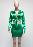 Green Silk Turndown Collar Knotted Long Sleeve Crop Top and Mini Skirt 2PCS Set