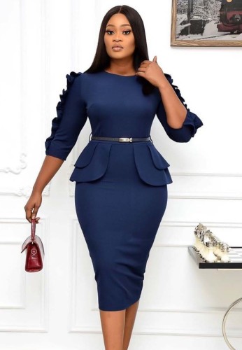 Blue O-Neck 3/4 Sleeve Ruffles Bodycon Office Dress with Belt