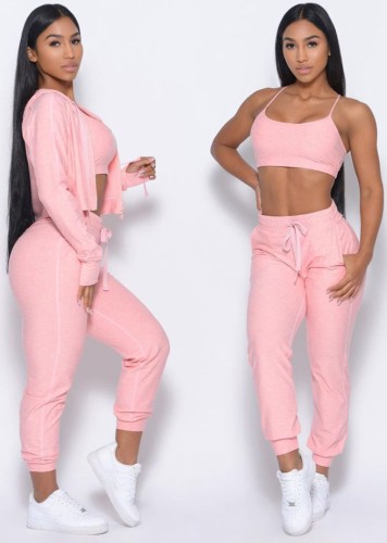 Pink Cami Crop Top and Zip Hoody Top with Drawstring Pants 3PCS Set