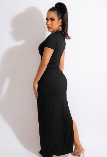 Black O-Neck Short Sleeves Ruched Slit Maxi Dress