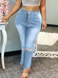 Plus Size Lt-Blue High Waist Ripped Tight Jeans with Pocket