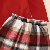 Red Square Neck Long Sleeve Shirt and Plaid Mini Skirt 2PCS Set For Girl Kids