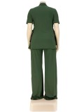 Plus Size Green High Neck Short Sleeve Long Top And Wide Pant 2PCS Set