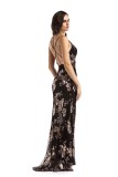 Sequins Floral Black Cami Slit Maxi Dress